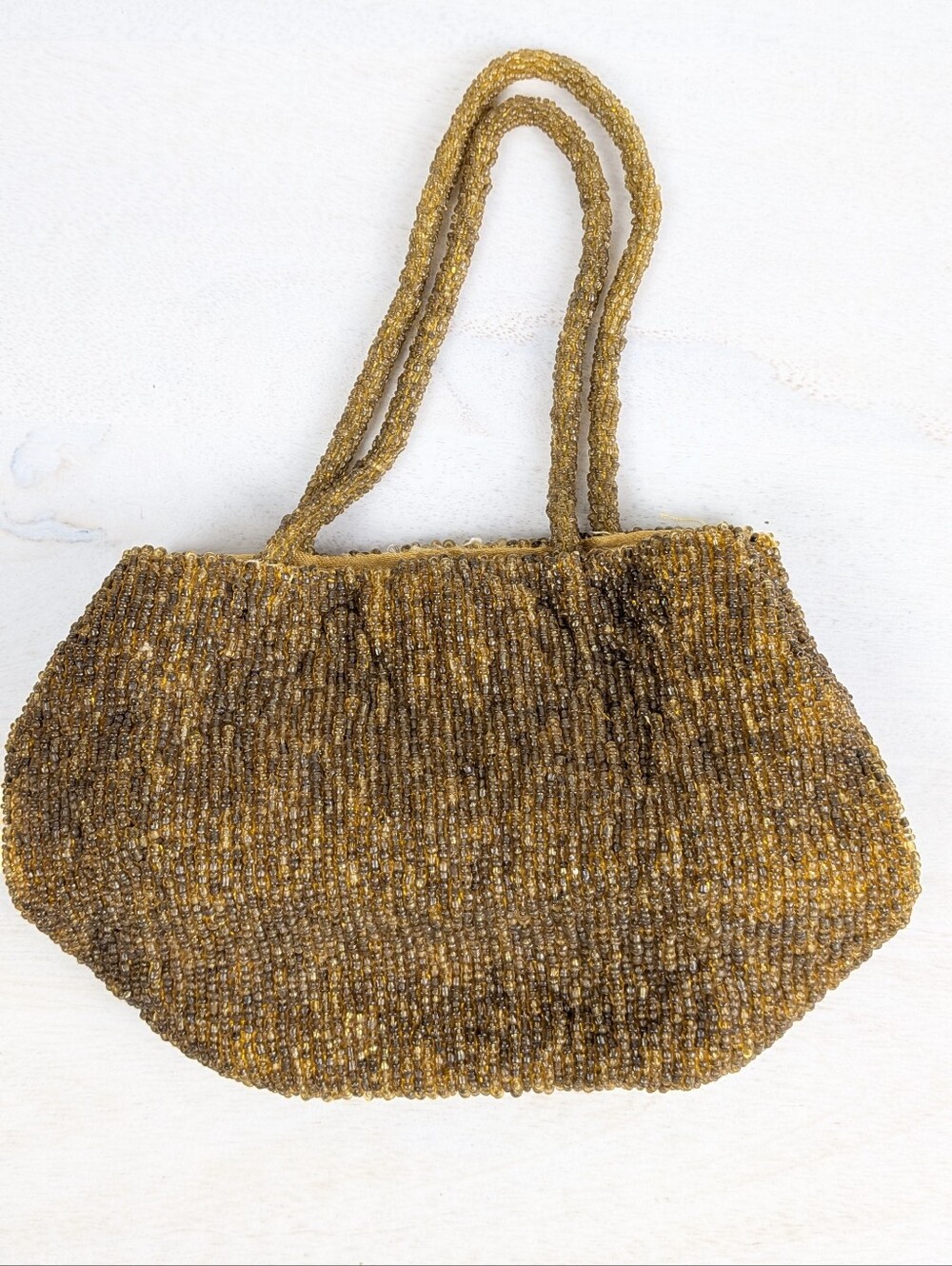1960's Hand Beaded Cocktail Bag Gold Bronze Satin Lining Glass Seed Bead 7" x 5"